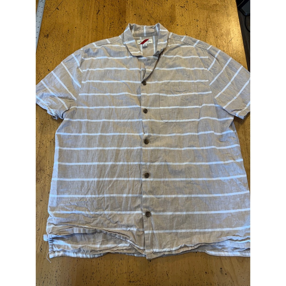 Best Made Co. Linen Blend XL Tan White Striped Short Sleeve Camp Shirt B2851